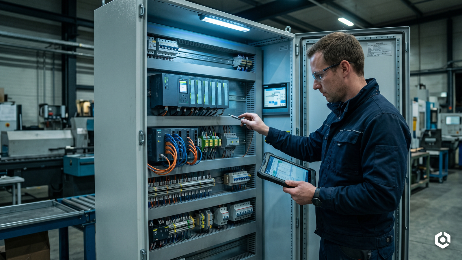Verifica di un quadro PLC con tablet alla mano: il livello di dettaglio richiesto da un assessment di cybersicurezza OT.